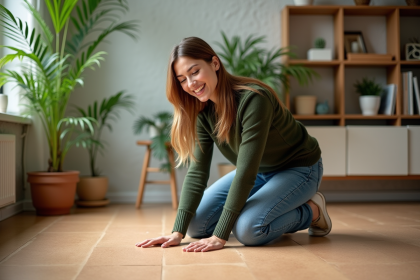 Jeune femme touchant un sol en liège naturel dans un salon lumineux