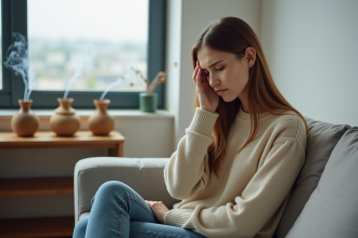 Jeune femme en intérieur avec sac de charbon bambou