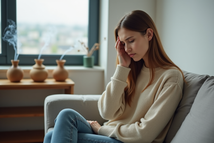 Jeune femme en int&eacute;rieur avec sac de charbon bambou