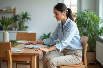 Femme en blouse bleue testant une chaise de salle à manger moderne