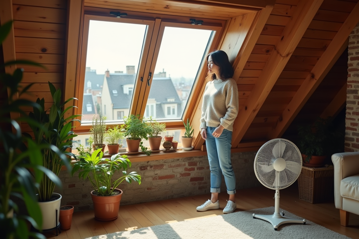 Jeune femme dans un grenier avec ventilateur et lumière naturelle