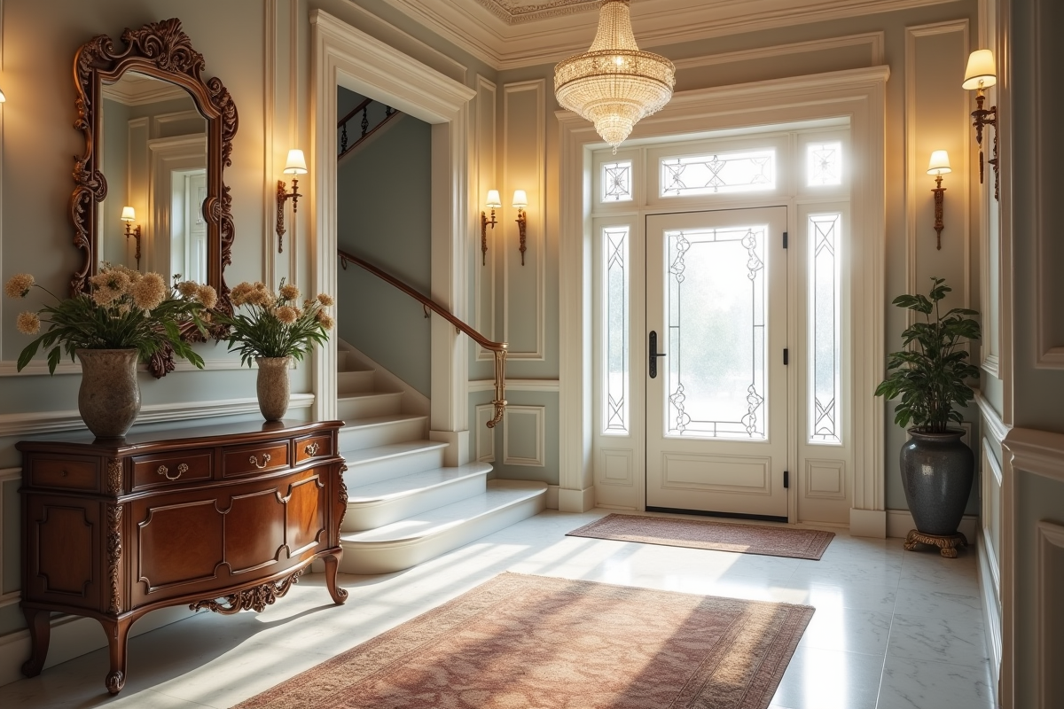 Foyer classique avec escalier et décoration ancienne