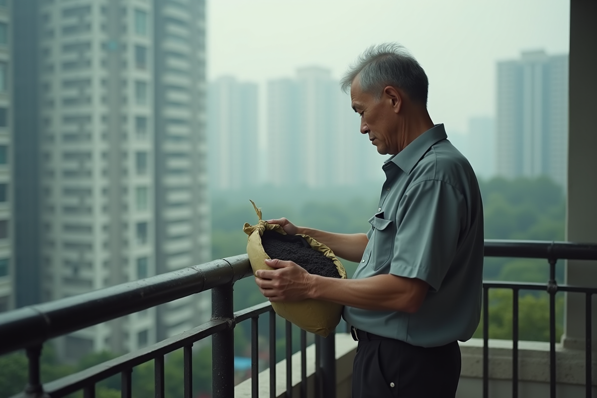 Homme avec charbon bambou sur balcon pollution urbaine