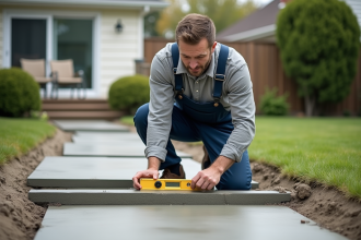 Homme en salopette vérifiant l'alignement du béton dans un jardin