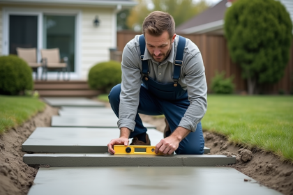 Homme en salopette vérifiant l'alignement du béton dans un jardin