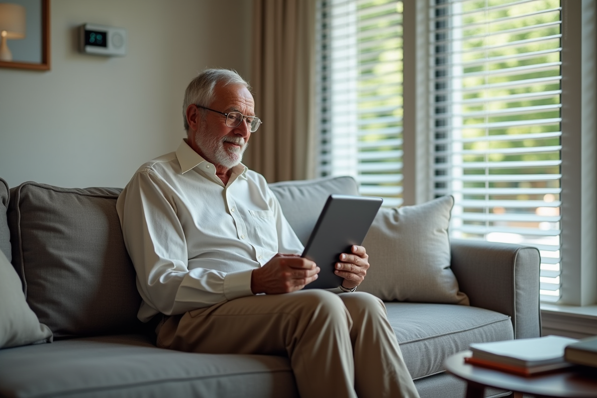 Homme age utilisant une tablette pour controler les volets