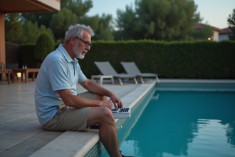 Homme d age moyen vérifiant le panneau de contrôle près de la piscine