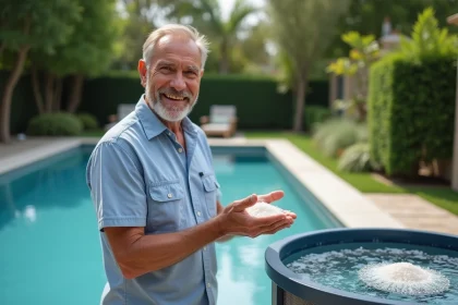 Homme en été tenant des médias de filtration scintillants près d'une piscine