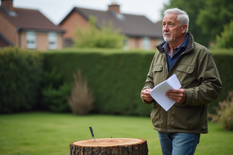 Homme d'âge moyen dans un jardin résidentiel avec un tronc coupé