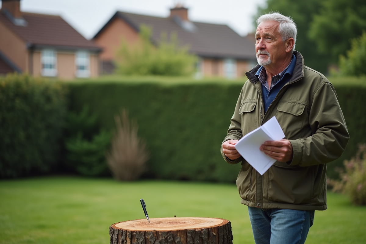 Homme d'âge moyen dans un jardin résidentiel avec un tronc coupé