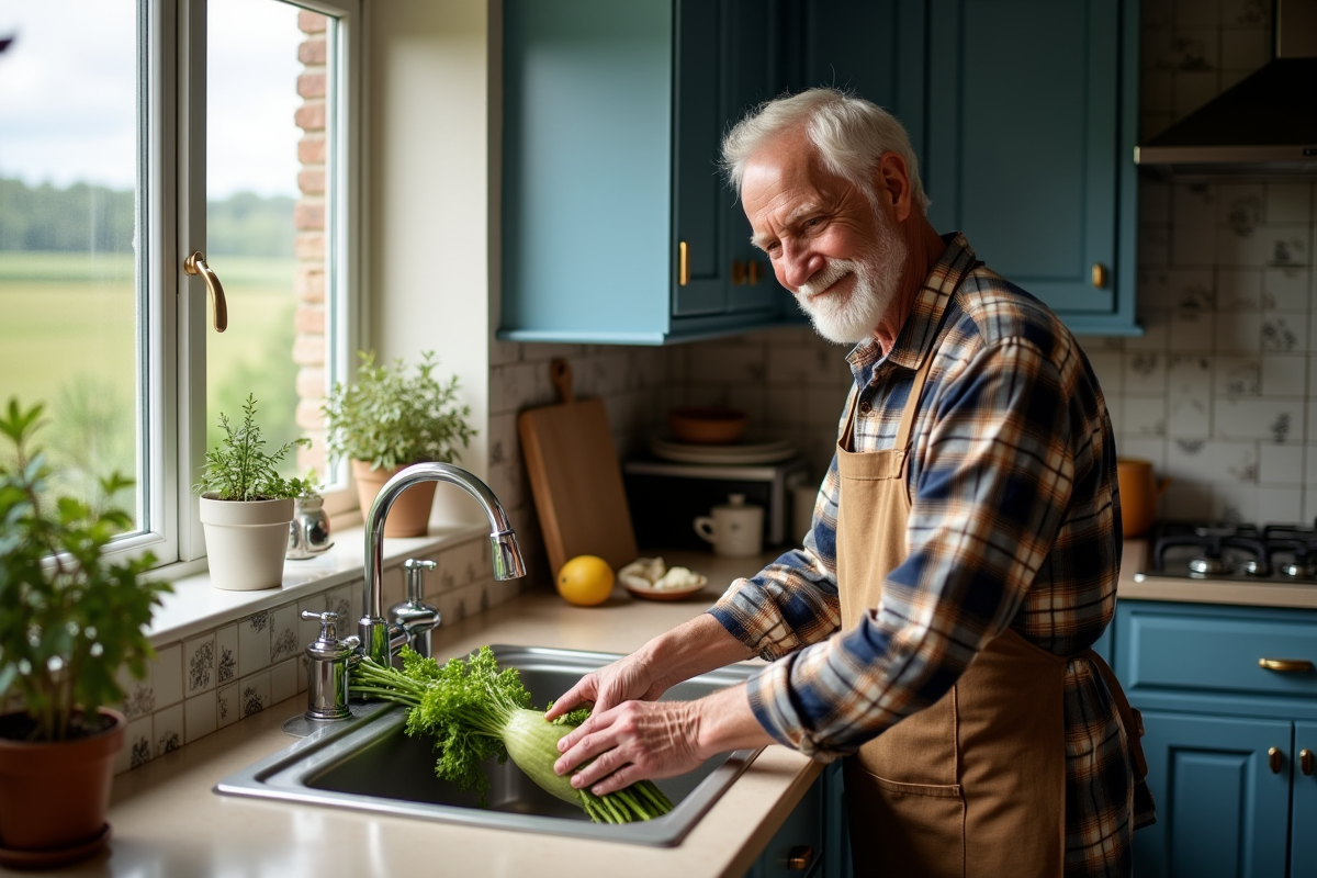 Homme lavant des légumes dans une cuisine de ferme chaleureuse
