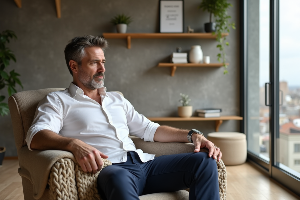Homme ajustant une couverture dans un salon moderne et lumineux
