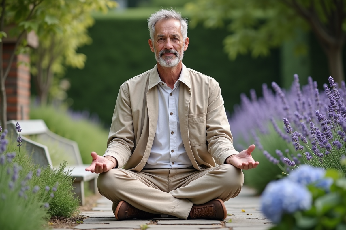 Homme méditant dans un jardin calme avec fleurs et verdure