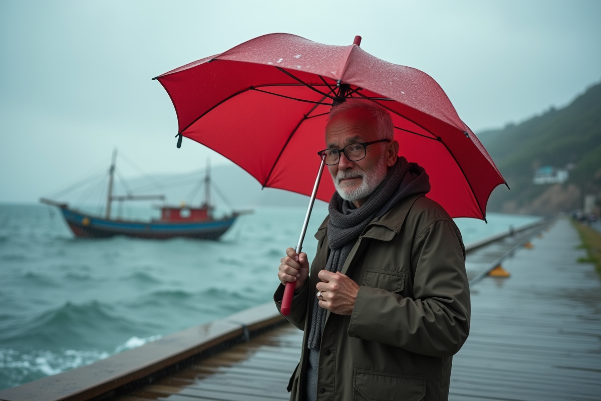 Homme âgé fermant un parapluie rouge sur un pont au bord de la mer