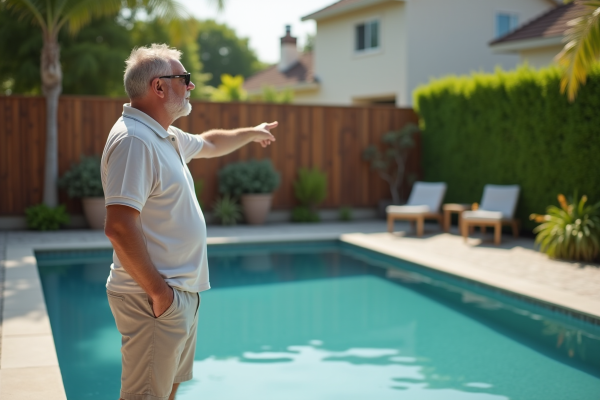 Homme d'âge moyen près de la piscine dans le jardin