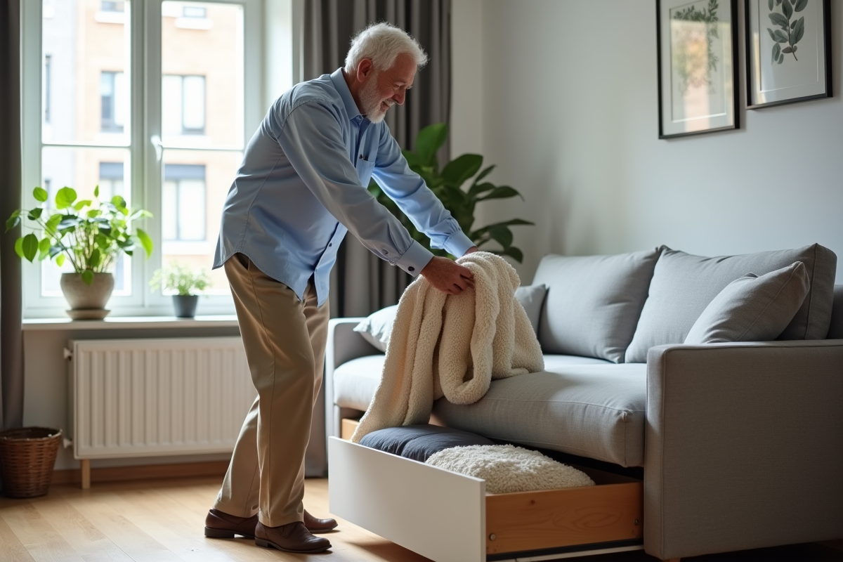 Homme âgé pliant une couverture dans un studio lumineux