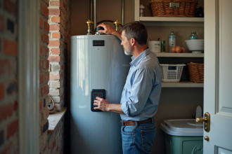 Homme d'âge moyen ajustant un chauffe-eau électrique dans une buanderie