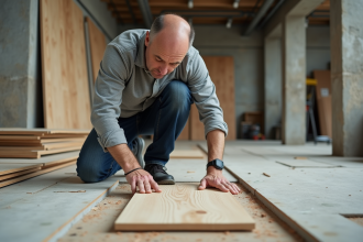 Homme d'âge moyen examine un sol irrégulier en rénovation