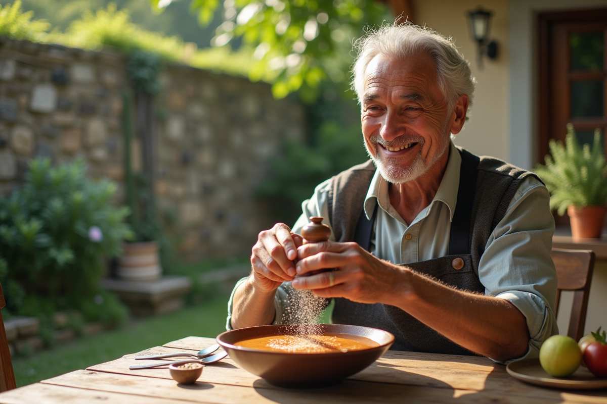 Homme âgé salant une soupe dans un jardin en plein air