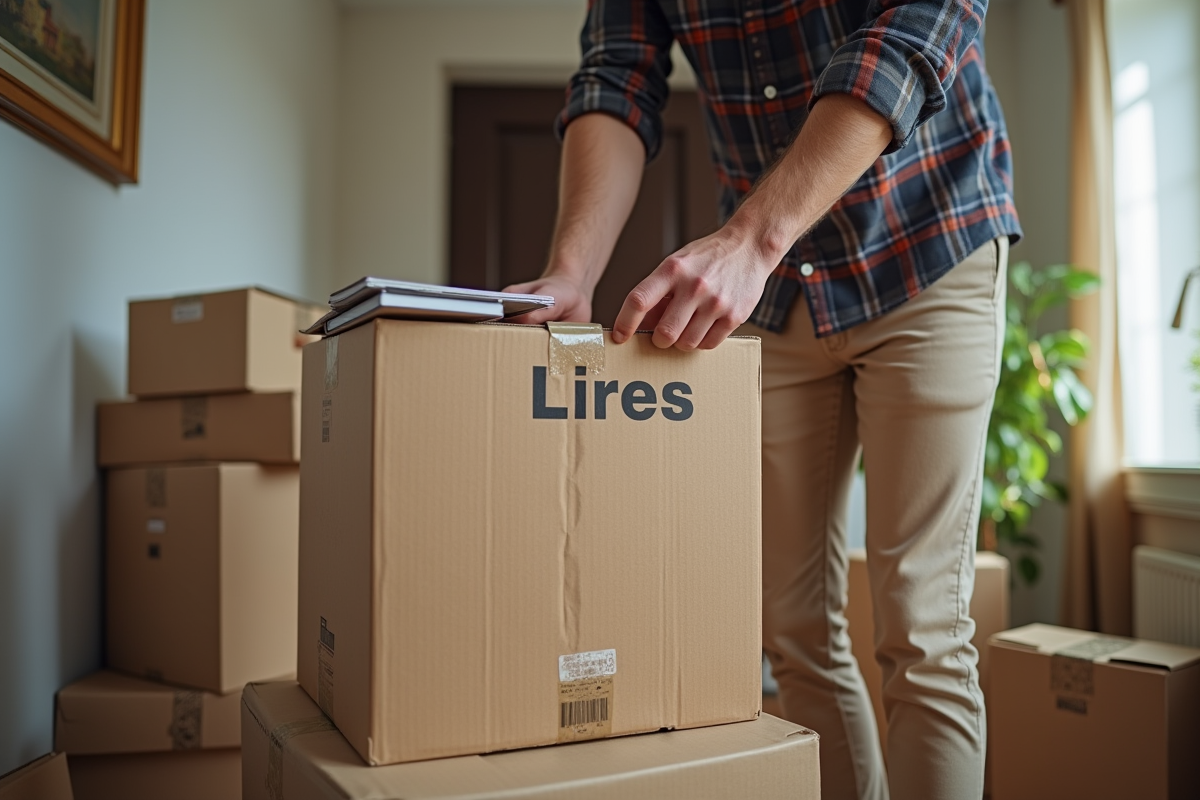 Homme scellant une boîte de livres dans un couloir ensoleille
