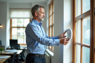 Homme d affaires ajustant un ventilateur dans un bureau moderne