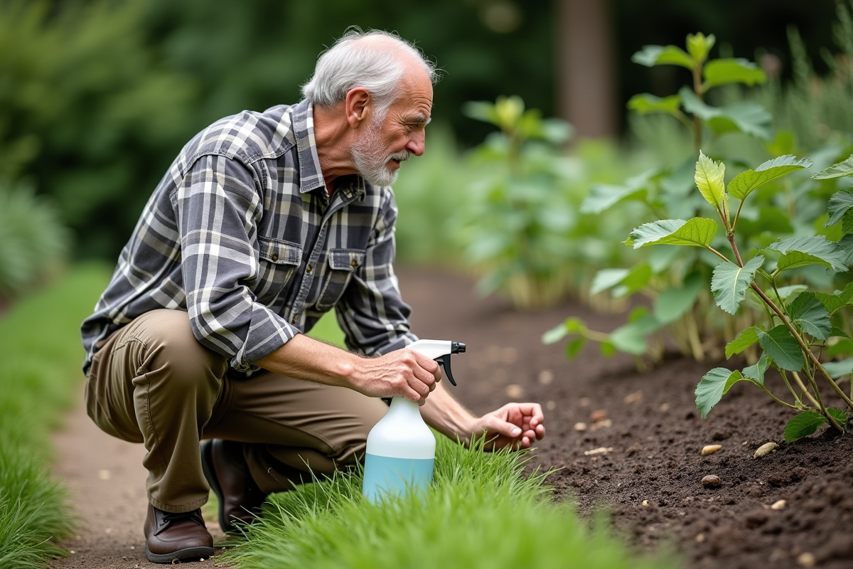 Homme inspectant mauvaises herbes traitées au vinaigre