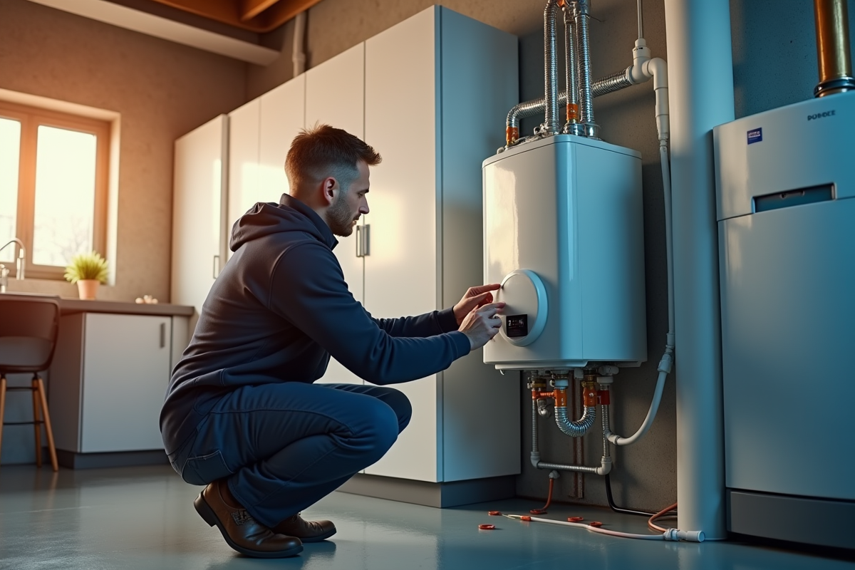Technicien installant chauffe-eau électrique dans buanderie lumineuse