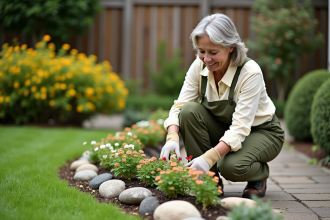 Femme en pantalon vert et chemise crème dans son jardin