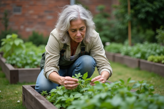 Femme jardinant inspectant une feuille de tomate dans son potager