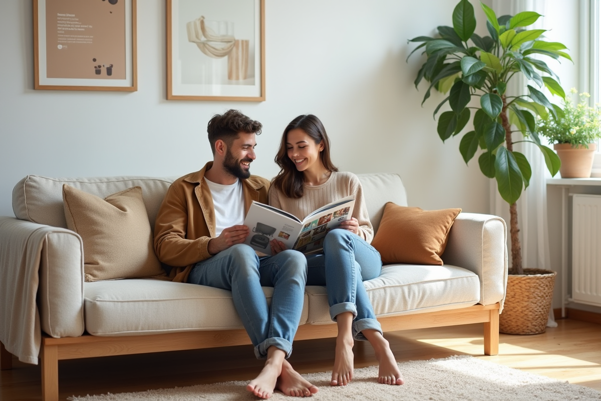 Jeune couple riant sur un canapé beige dans un intérieur lumineux
