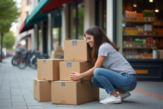 Jeune femme en t-shirt rayé et jeans avec caisses en extérieur