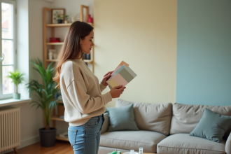 Jeune femme tenant un échantillon de peinture dans un salon moderne