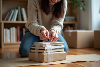 Jeune femme emballant des livres dans un salon chaleureux