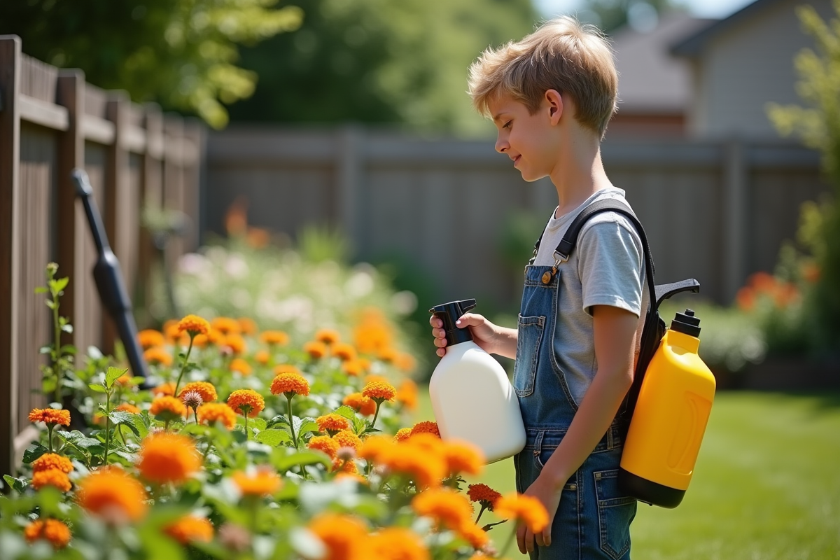 Adolescent utilisant un spray biologique sur des plantes fleuries