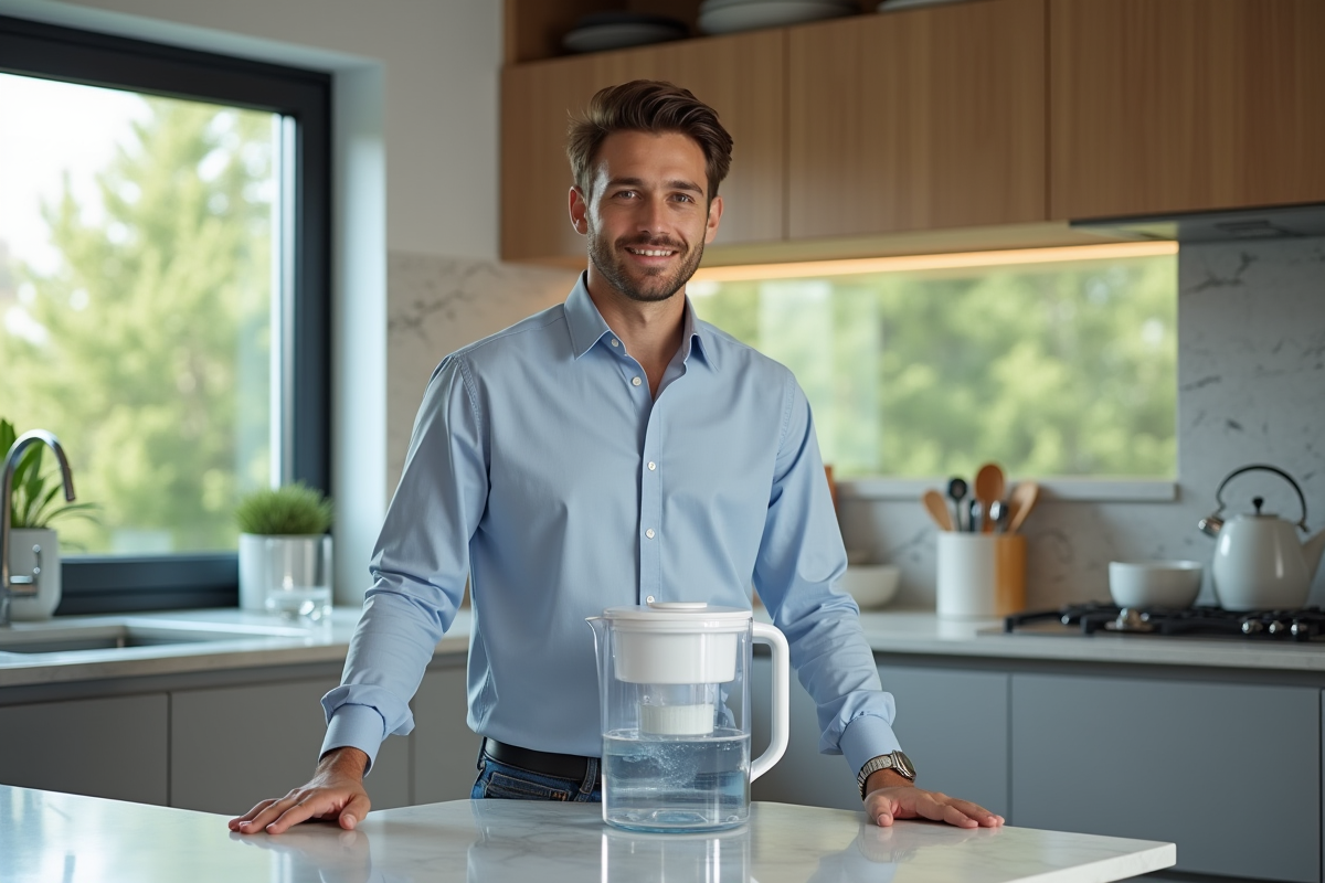 Jeune homme montrant une carafe filtrante dans la cuisine moderne