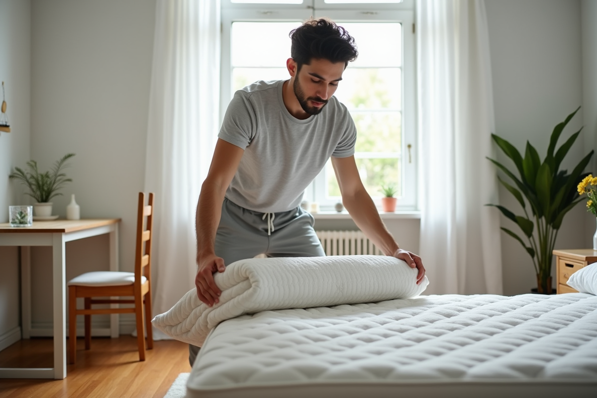 Jeune homme retournant un matelas dans une chambre lumineuse