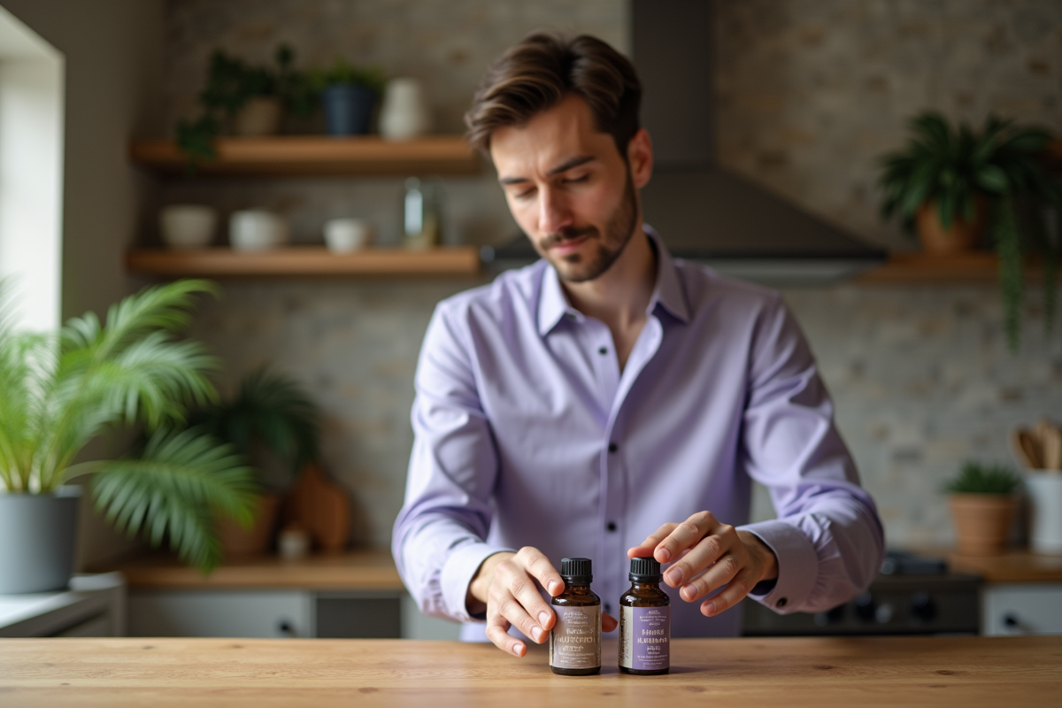 Jeune homme comparant huiles essentielles dans la cuisine