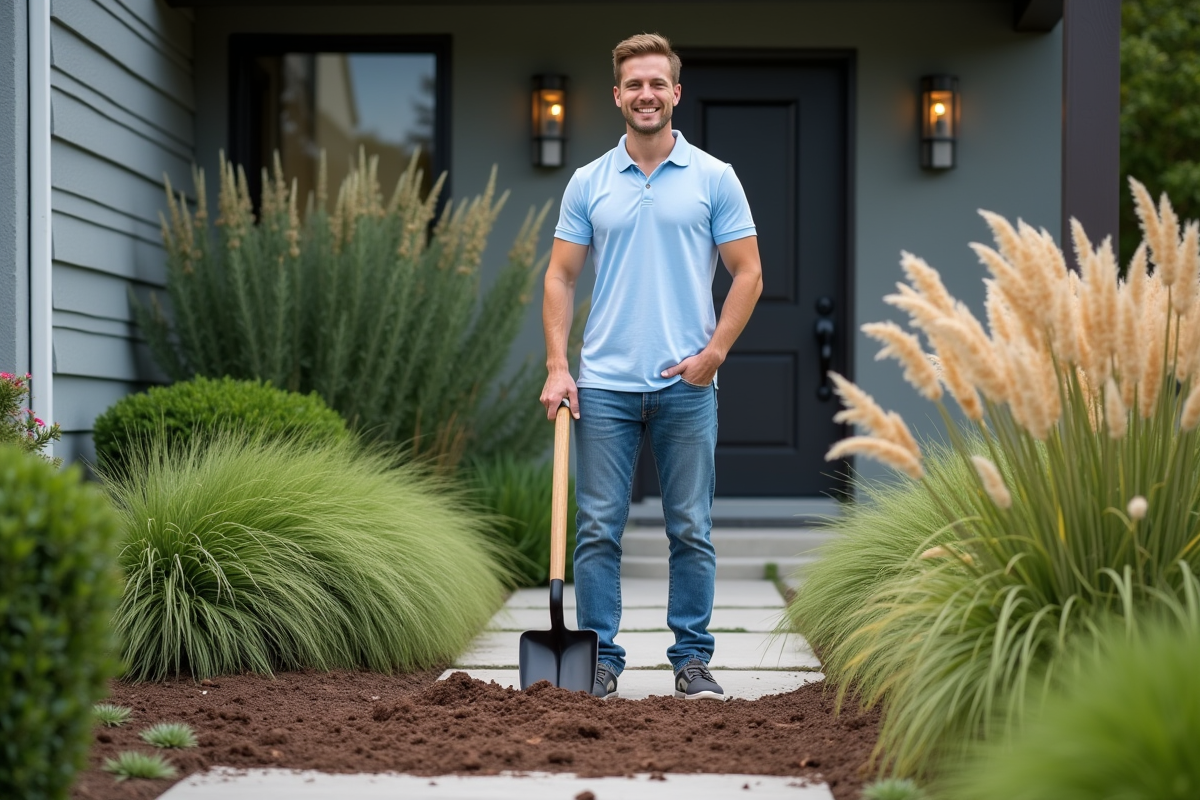 Jeune homme souriant devant son jardin fraîchement mulche