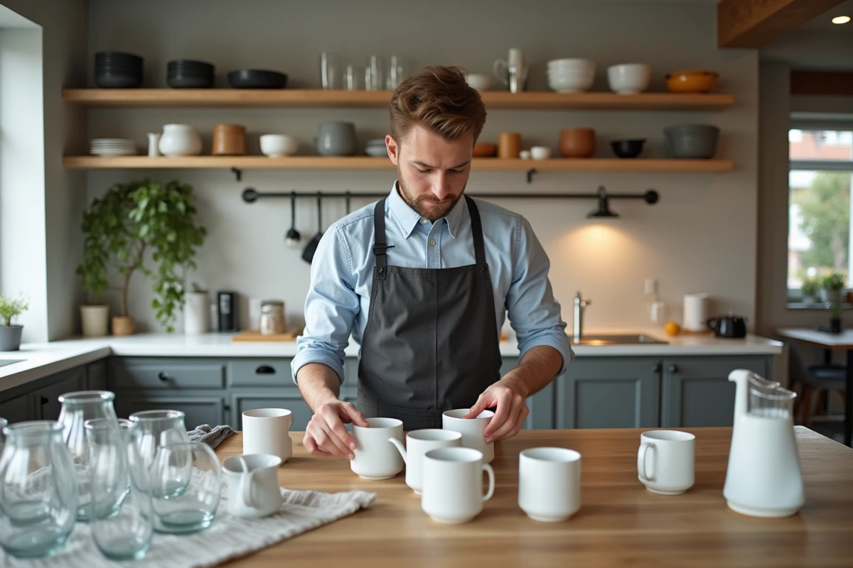 Jeune homme organiseant des tasses et verres dans une cuisine ouverte