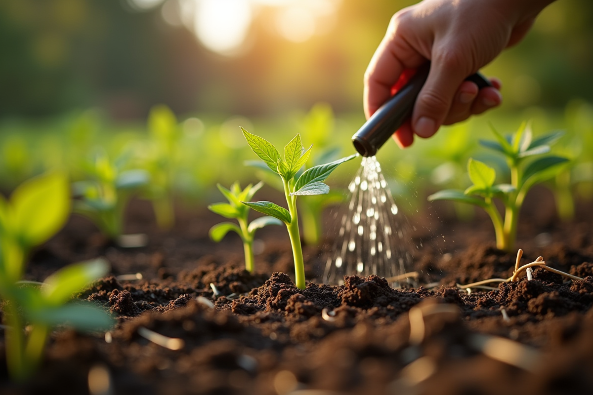 Main arrosant jeunes plants sous le soleil du matin