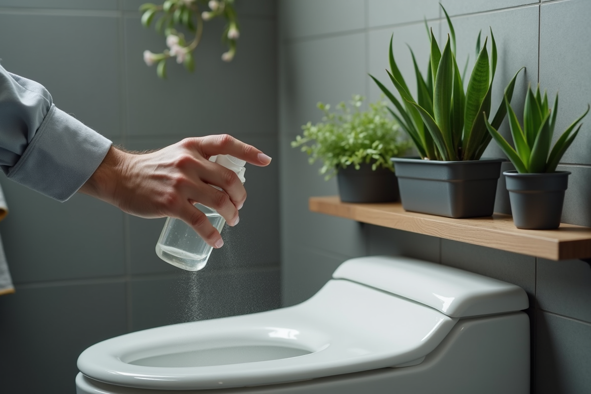 Main masculine vaporisant des plantes dans la salle de bain