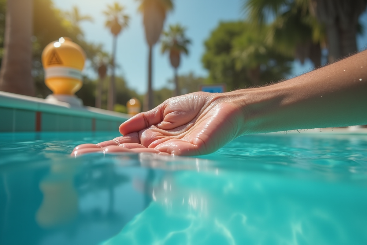 Main de nageur avec peau rouge près d’un chlorinateur de piscine