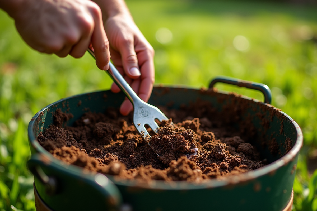 mains utilisant une fourche pour retourner le compost dans un composteur ouvert