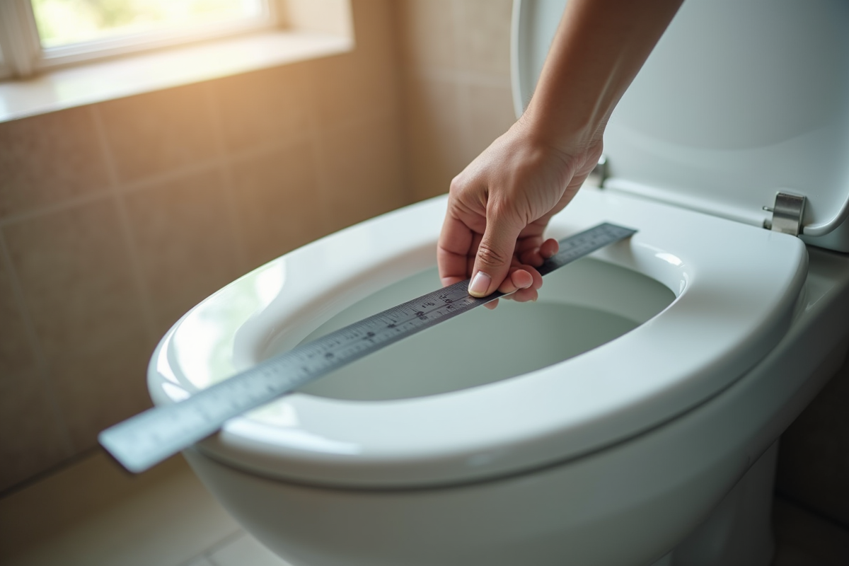 Mains tenant une règle métallique pour mesurer la longueur du siège de toilette