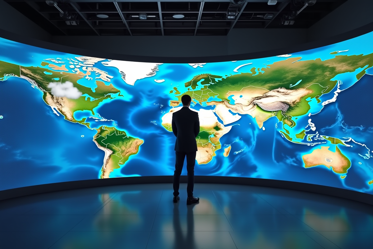 Météorologue devant une carte météo numérique dans un studio moderne