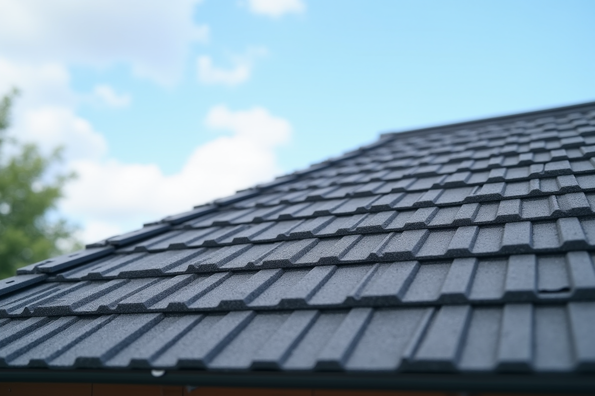 Gros plan sur les nouveaux bardeaux gris sur un toit moderne