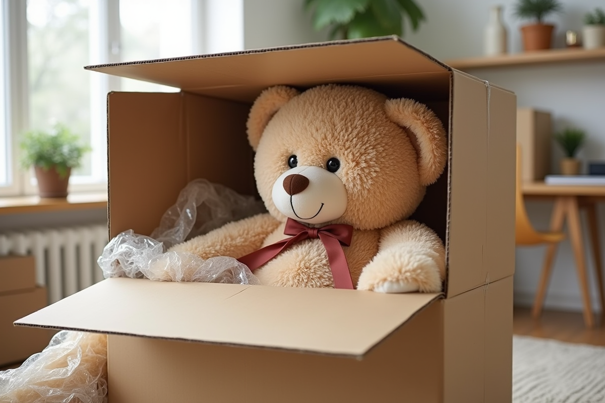 Ours en peluche dans une boîte avec emballages écologiques dans un espace de travail lumineux