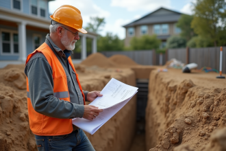 Ouvrier de construction avec plans sur un chantier en extérieur