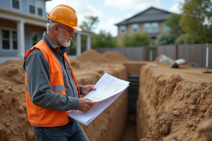 Ouvrier de construction avec plans sur un chantier en extérieur
