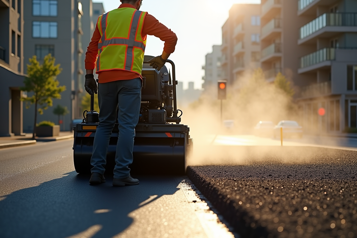 Ouvrier en veston haute visibilité sur machine à asphalté